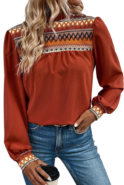 Red Clay Western Geometric Print Bubble Sleeve Frilled Neck Blouse