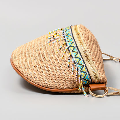 Aqaba Adorn - Bead Trim Straw Weave Crossbody Bag