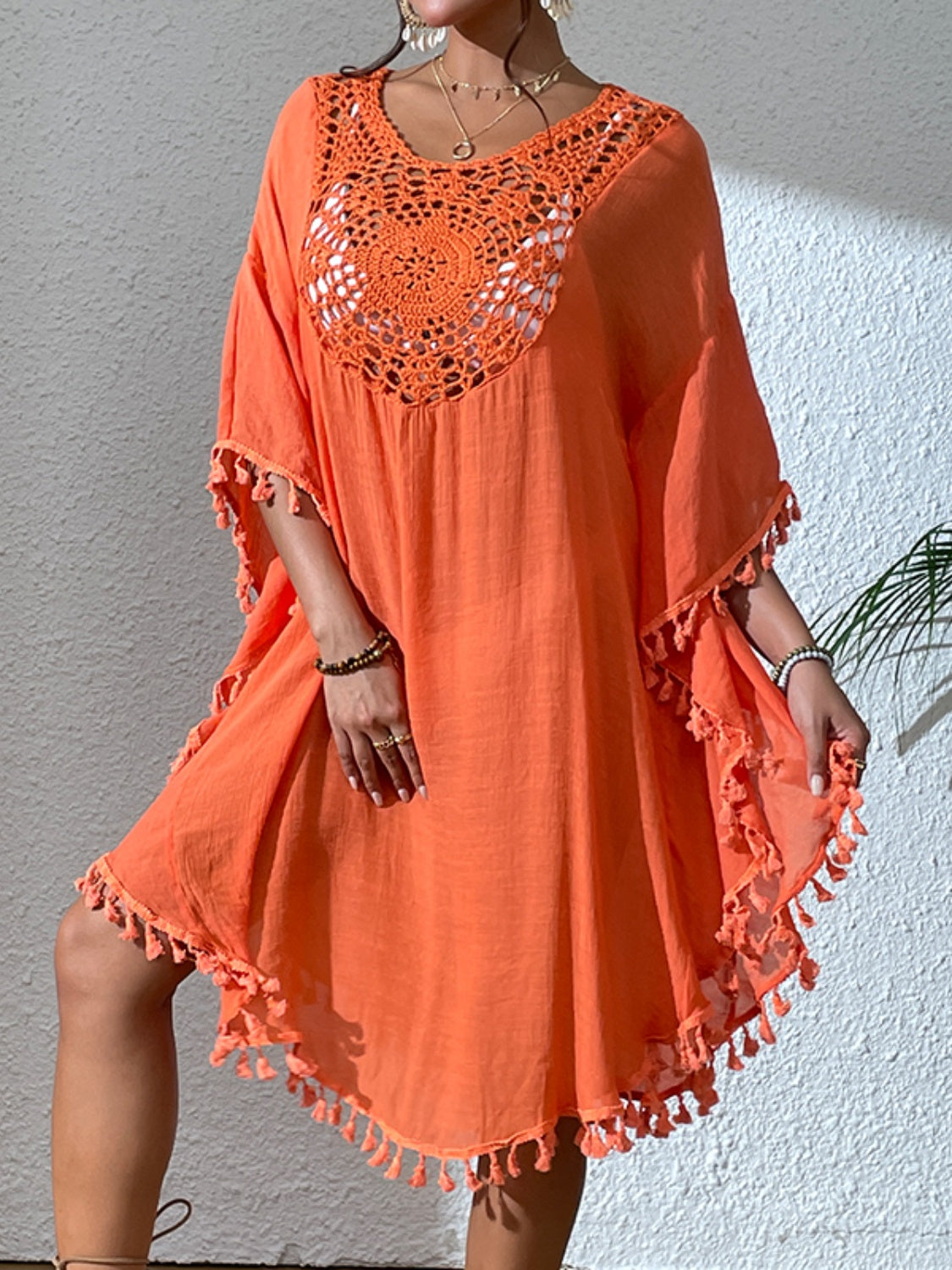 Casablanca Breeze - Tassel Cutout Scoop Neck Cover-Up Dress