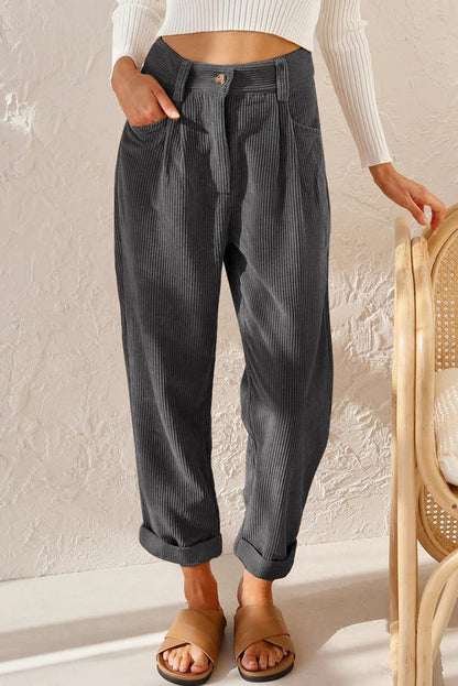 Abdali Aura - Gray Corduroy High Waist Straight Leg Pants