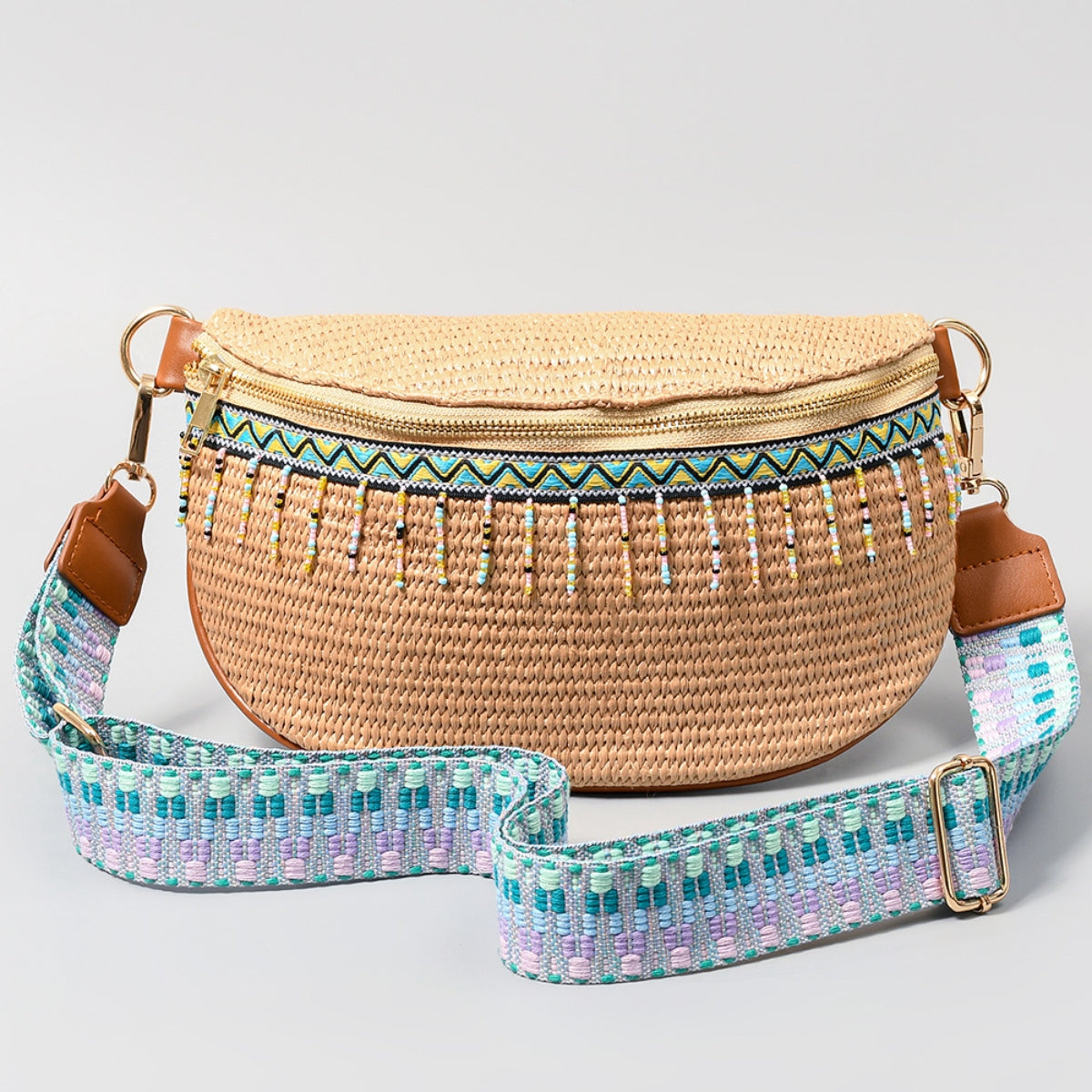 Aqaba Adorn - Bead Trim Straw Weave Crossbody Bag