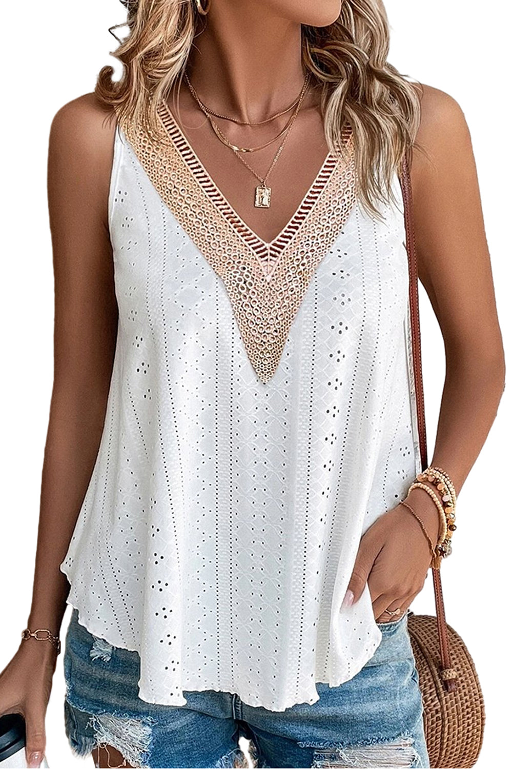 Casablanca Lace Crochet V-Neck Loose Tank Top