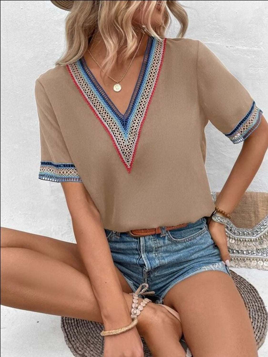 Casablanca Oasis V-Neck Short Sleeve Blouse