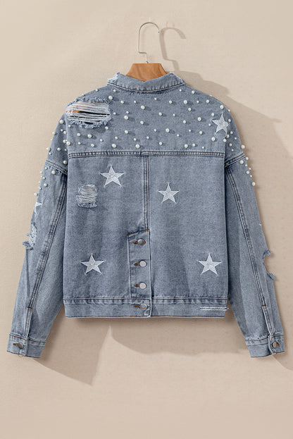 Damascus Sky Distressed Pearls Star Cropped Denim Jacket