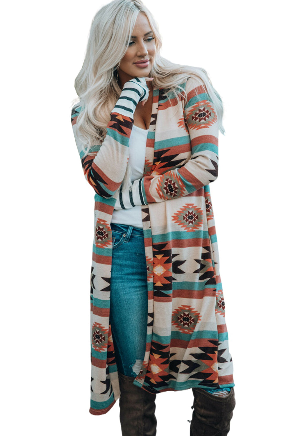 Marrakech Sky - Geometric Patchwork Open Front Knitted Cardigan