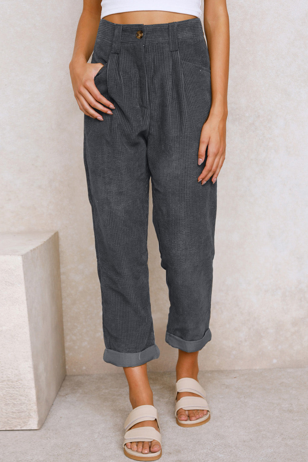 Abdali Aura - Gray Corduroy High Waist Straight Leg Pants