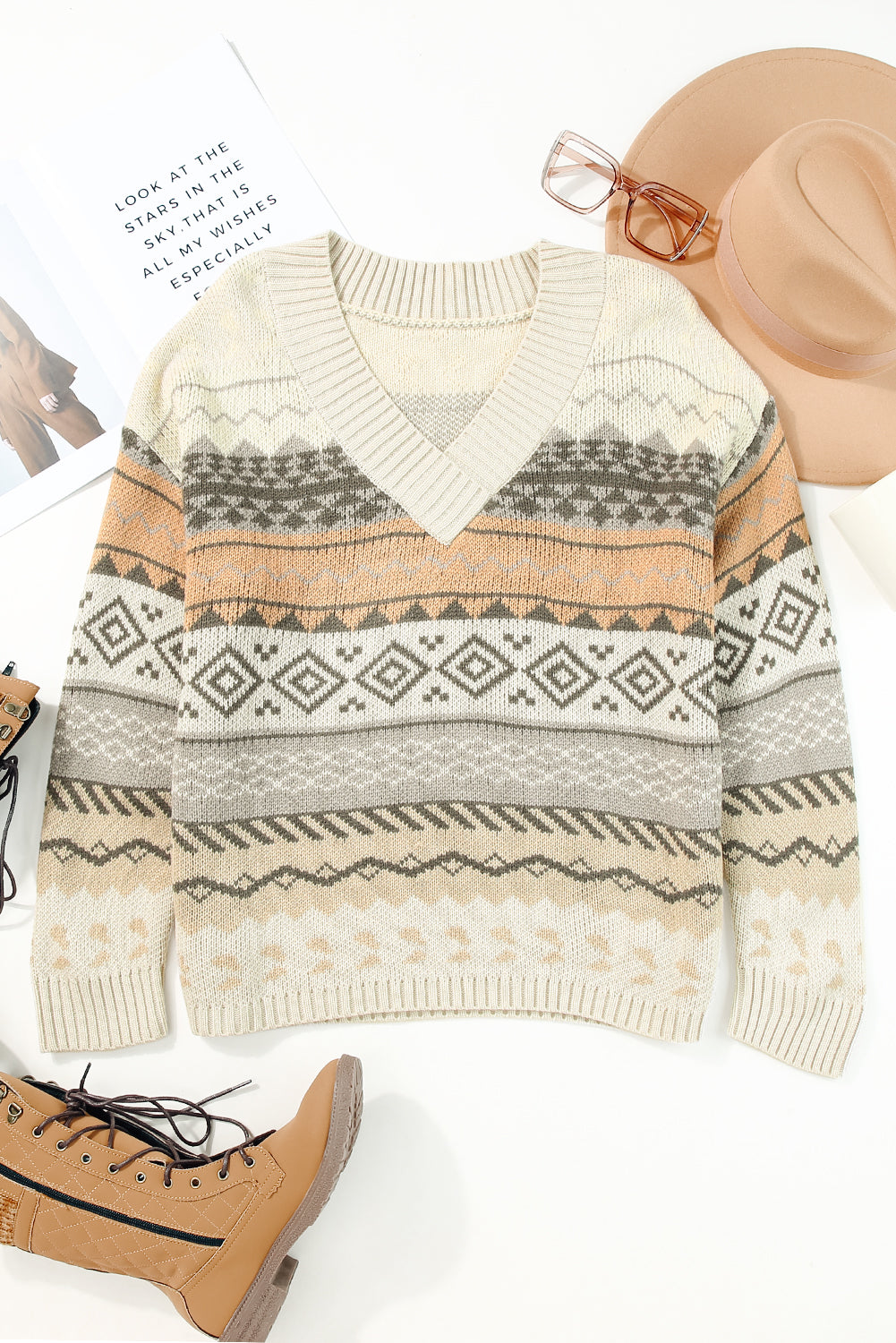 Khaki Marrakech Ribbed Knitted V Neck Sweater