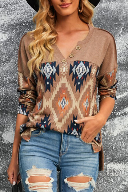 Cinnamon Medina Print Buttoned V Neck Top