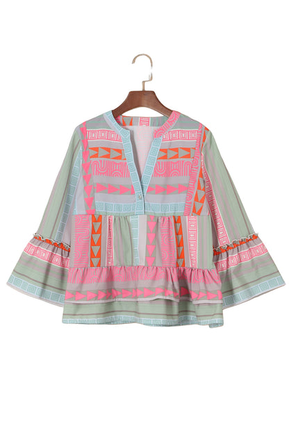 Nomad Dream Geometric Print Ruffle Blouse