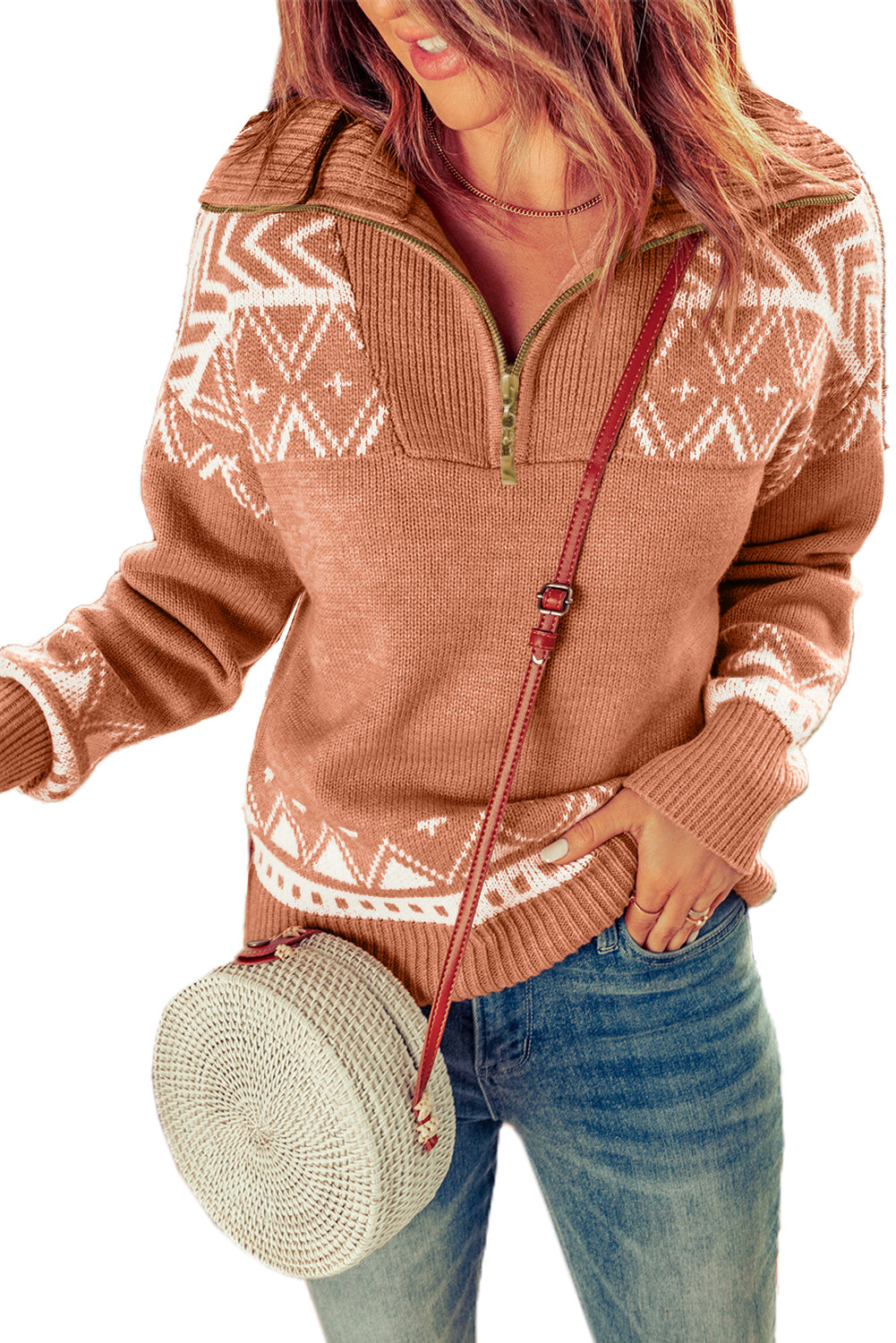 Desert Rose Geometry Quarter Zip Sweater