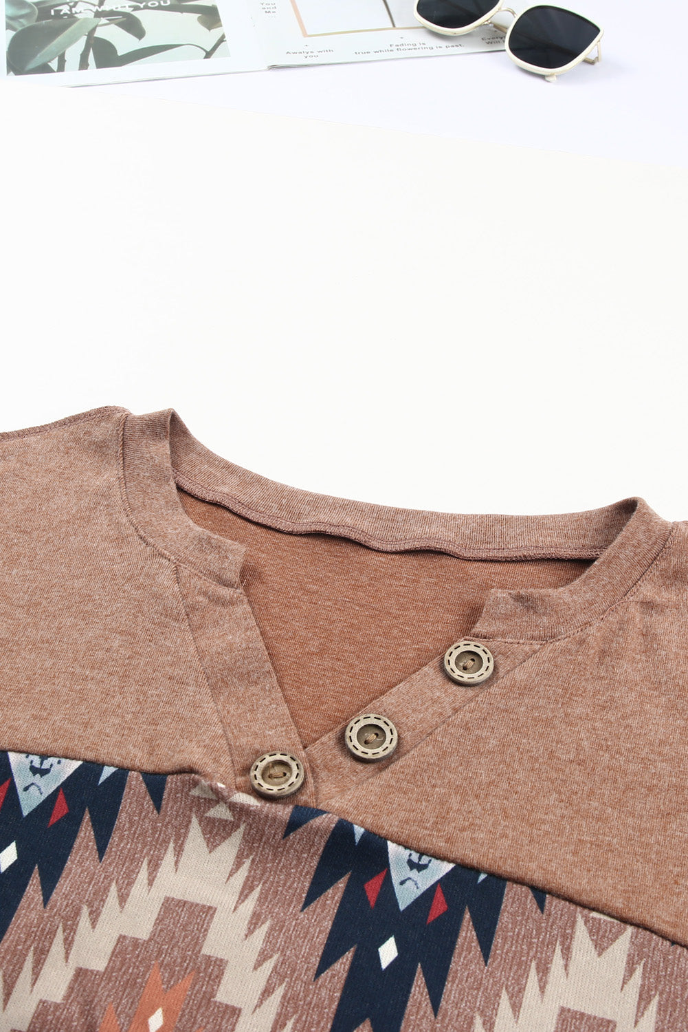 Cinnamon Medina Print Buttoned V Neck Top