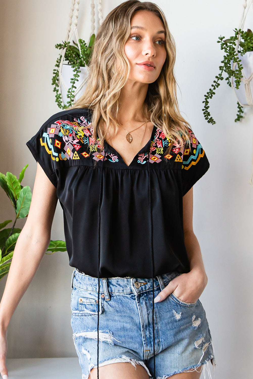 Midnight Oasis Geometric Embroidered Blouse