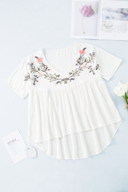 Ivory Medina Embroidered V Neck Babydoll Blouse