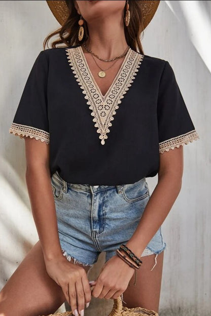 Casablanca Lace Elegance: V-Neck Short Sleeve Blouse