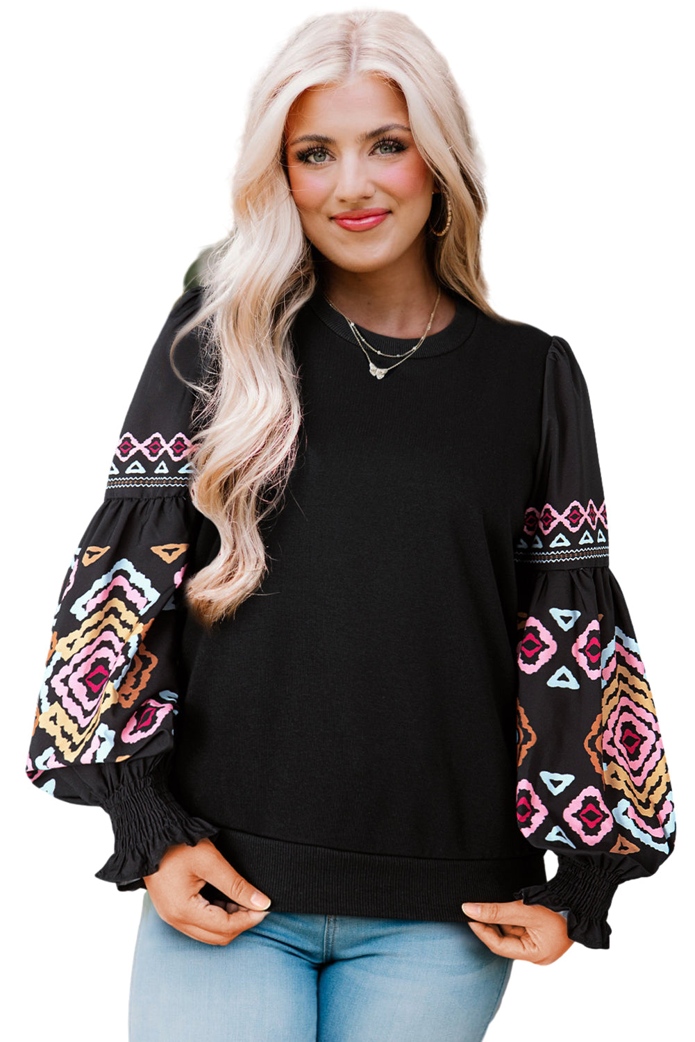 Midnight Oasis Balloon Sleeve Crew Neck Blouse