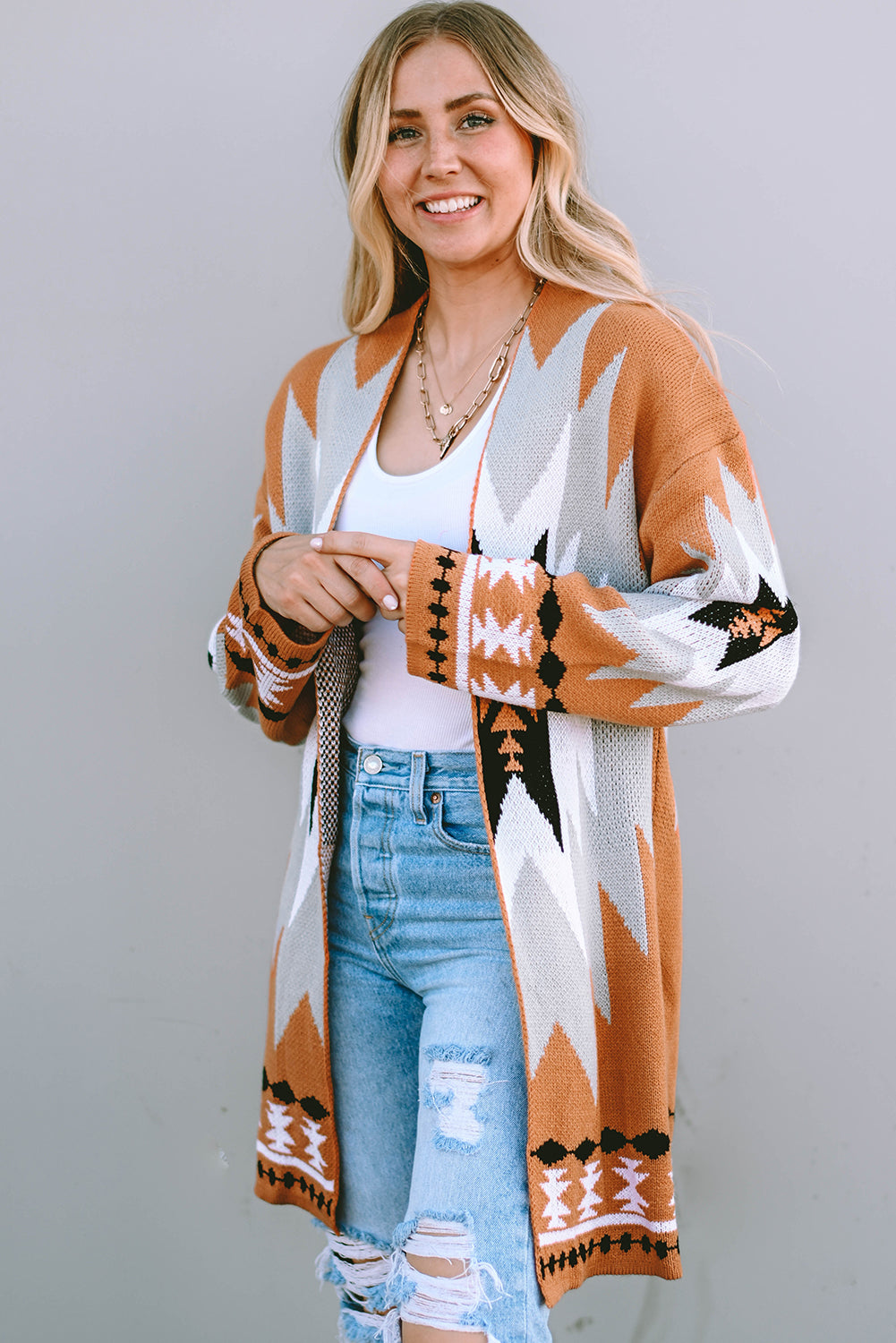 Golden Citadel Geometric Open-Front Cardigan