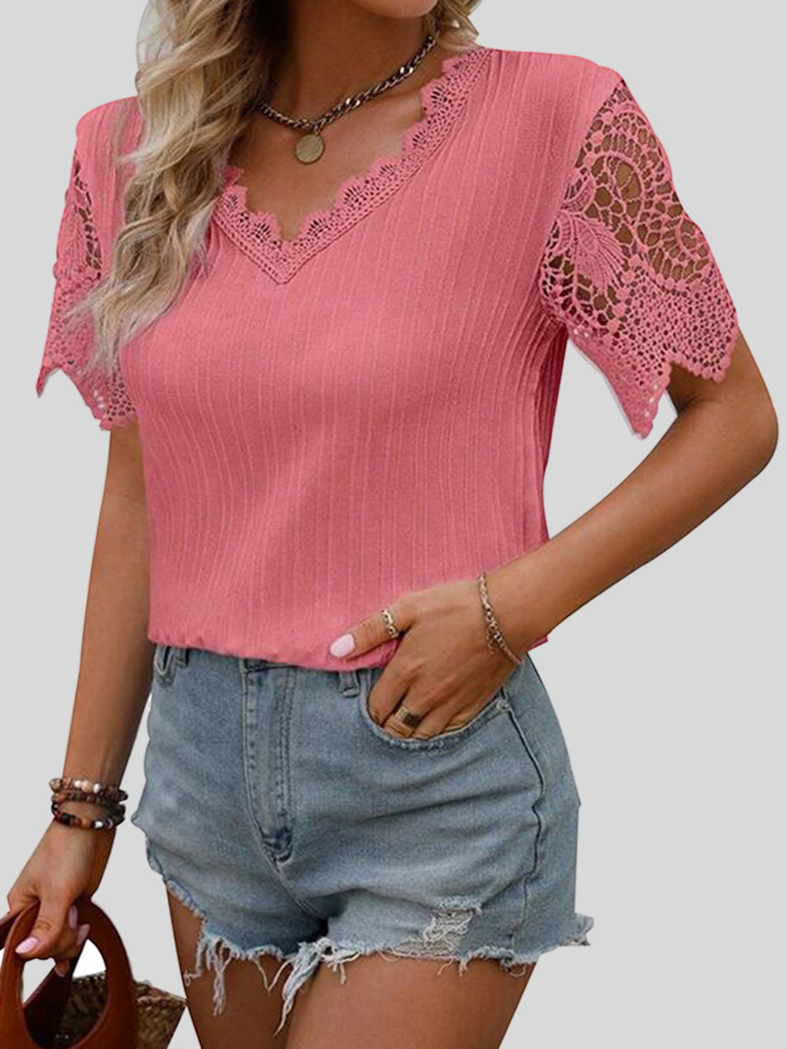 Amman Aura | Lace Detail V-Neck Short Sleeve Blouse