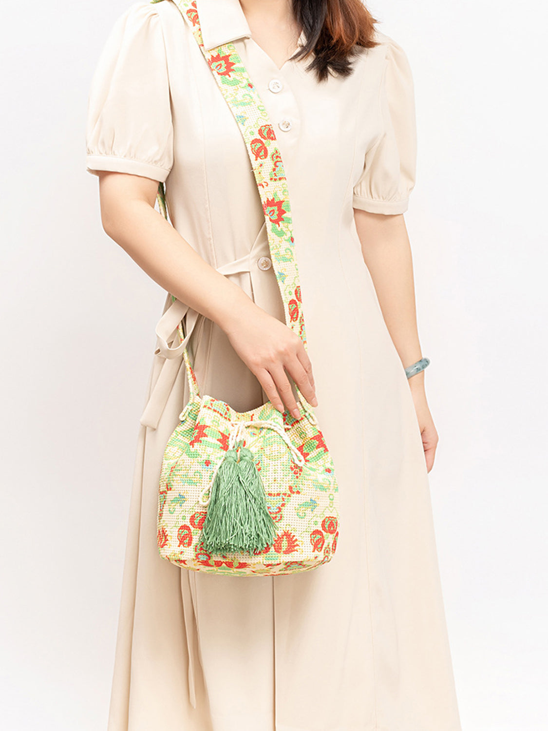 Tal Husban Blooms | Drawstring Tassel Geometric Shoulder Bag