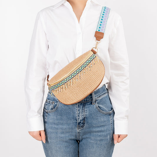 Aqaba Adorn - Bead Trim Straw Weave Crossbody Bag