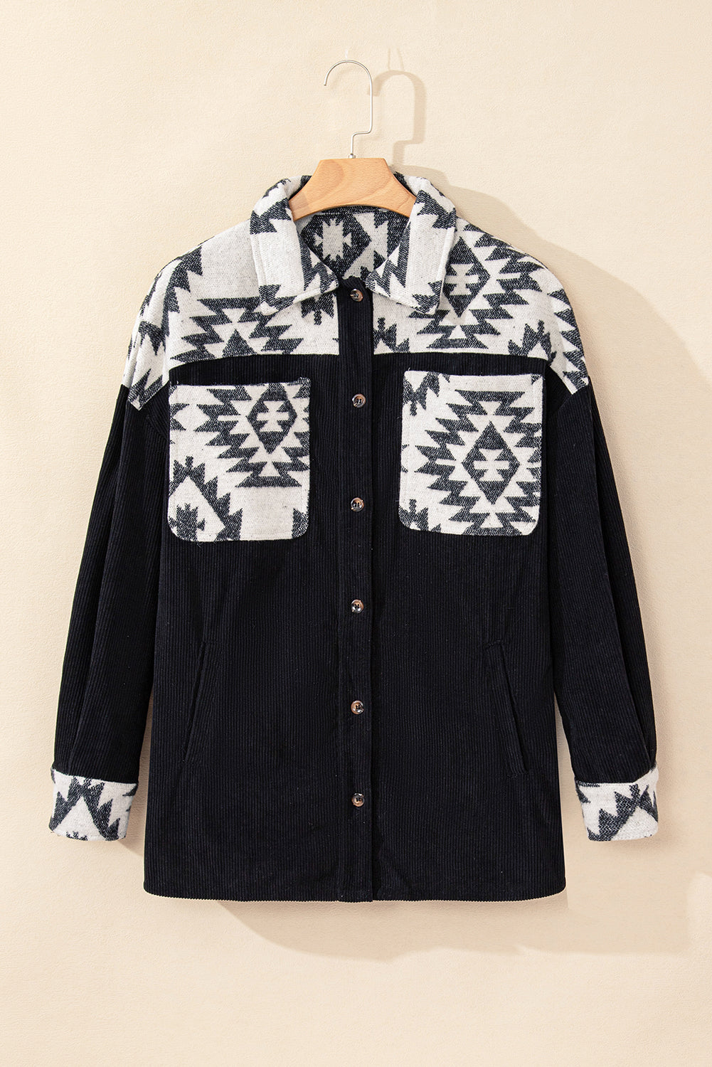 Midnight Bazaar Patchwork Buttoned Corduroy Shacket