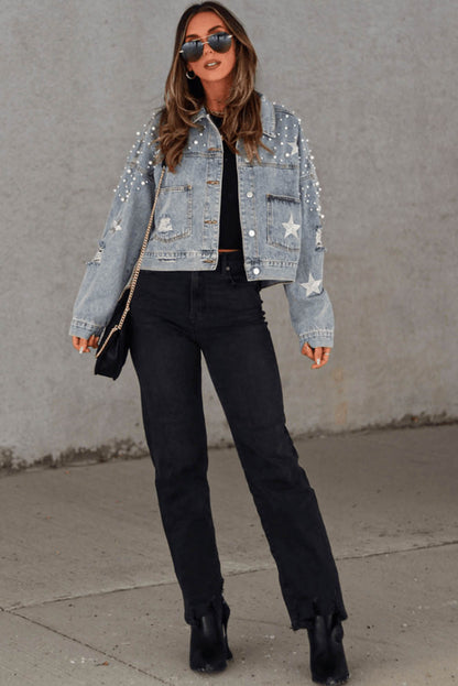 Damascus Sky Distressed Pearls Star Cropped Denim Jacket