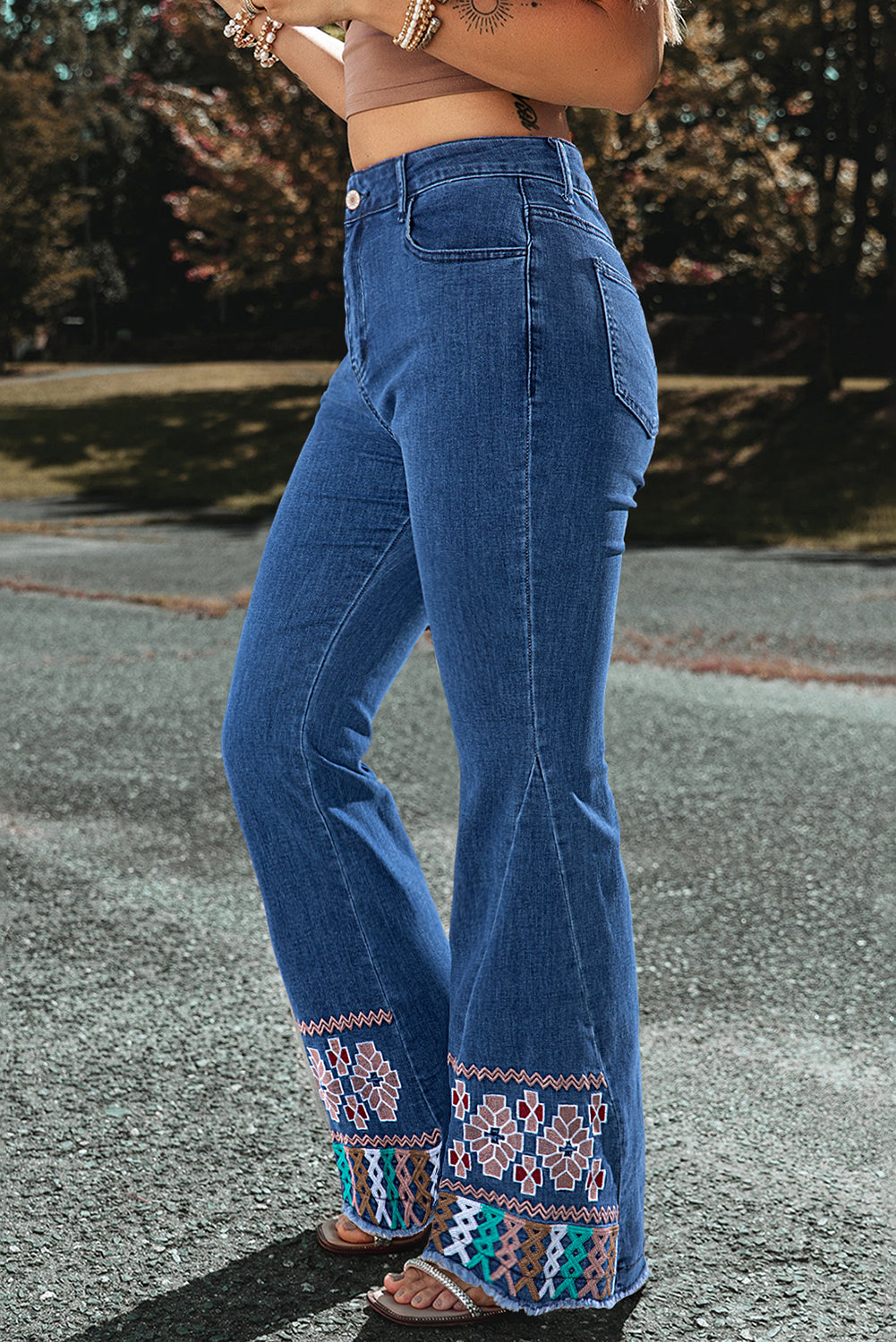 Horan Hues - Blue Geometric Embroidered Raw Hem Flared Jeans