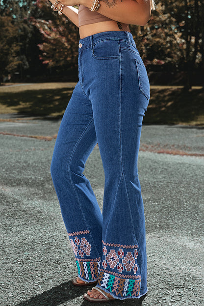 Horan Hues - Blue Geometric Embroidered Raw Hem Flared Jeans