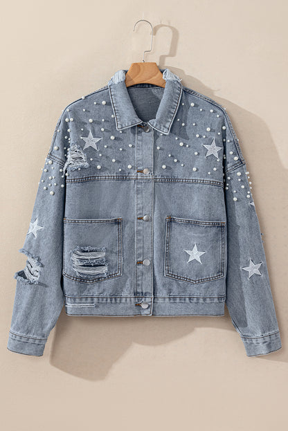 Damascus Sky Distressed Pearls Star Cropped Denim Jacket