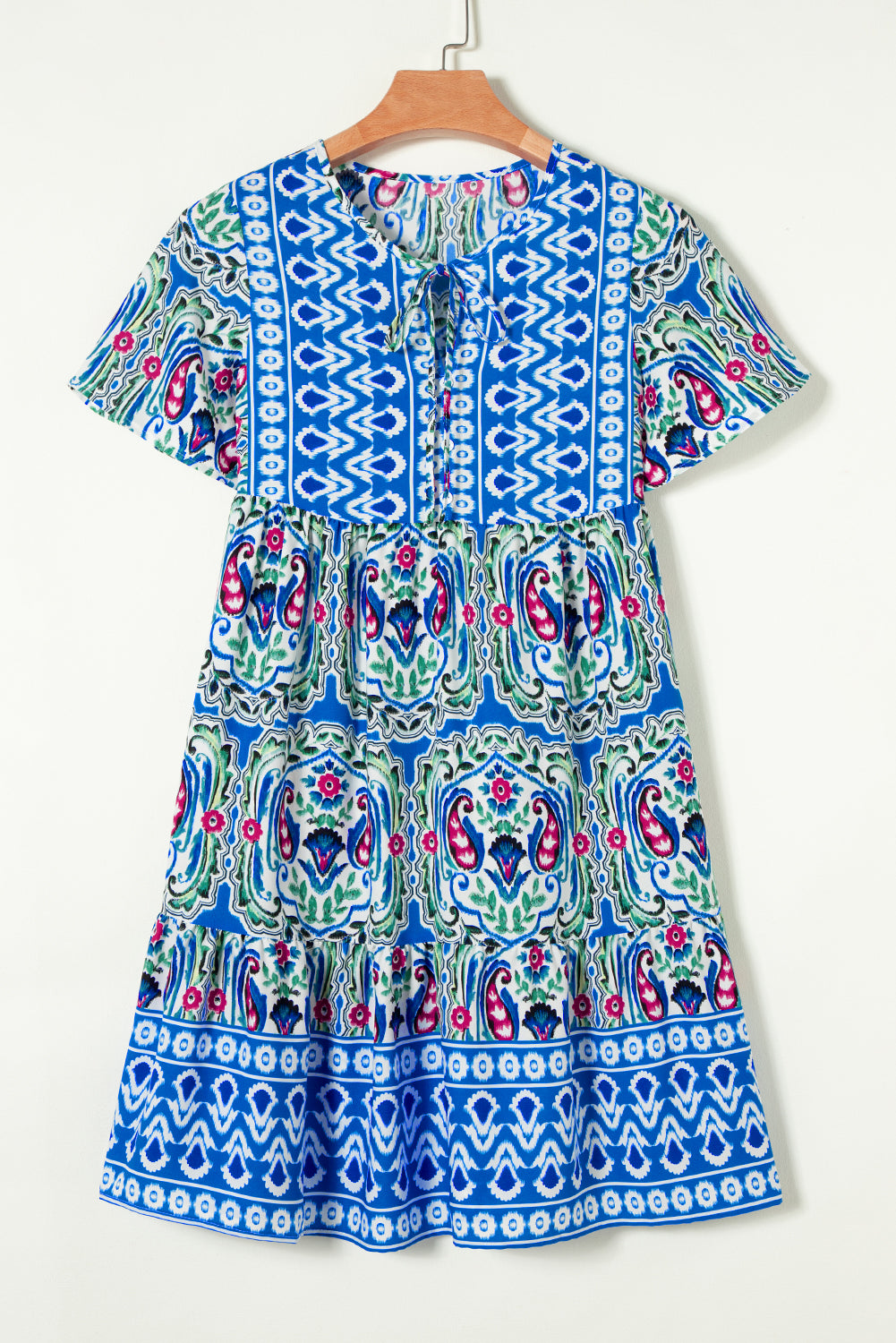 Mosul Mosaic: Sky Blue Bohemian Print Tie Neck Ruffle Hem Dress