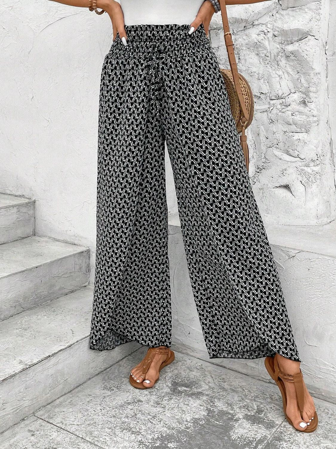 Tied Printed Wide Leg Pants - Horan Gardens