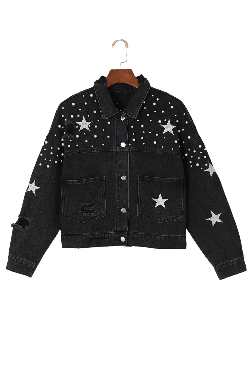 Damascus Sky Distressed Pearls Star Cropped Denim Jacket