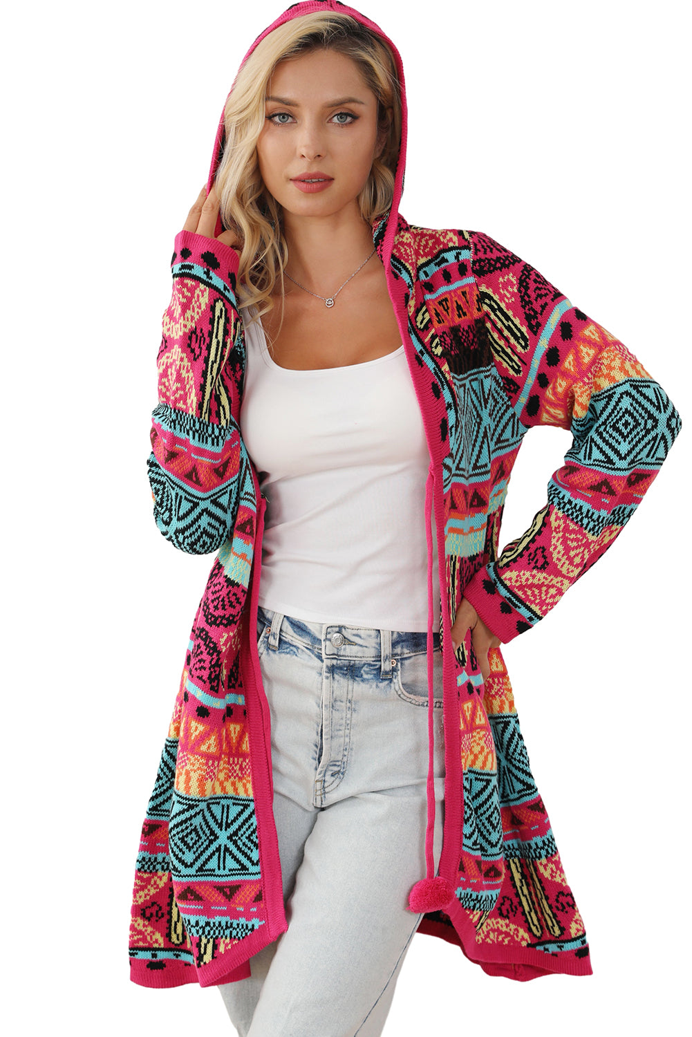 Rose Labyrinth - Pink Knit Pom-Pom Hooded Cardigan