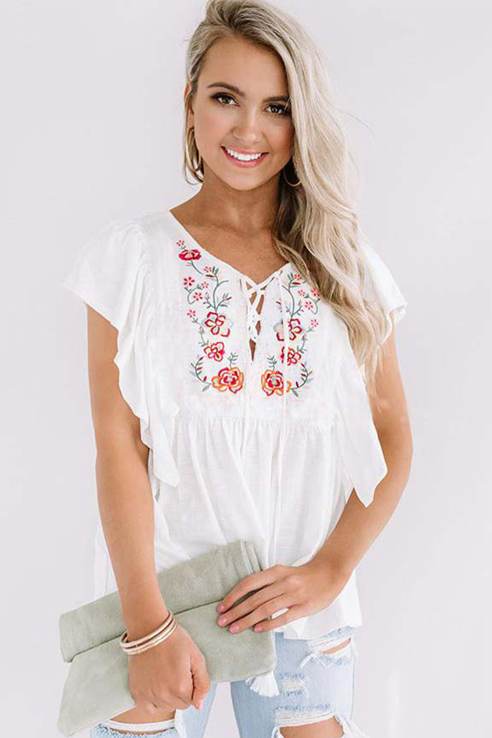 Tunisian Jasmine Embroidered Lace-up V Neck Top