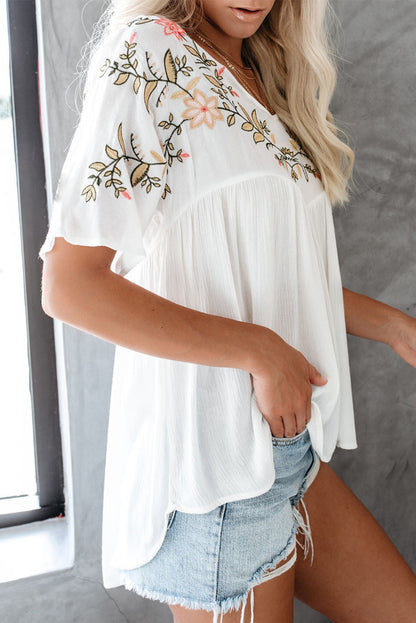 Ivory Medina Embroidered V Neck Babydoll Blouse