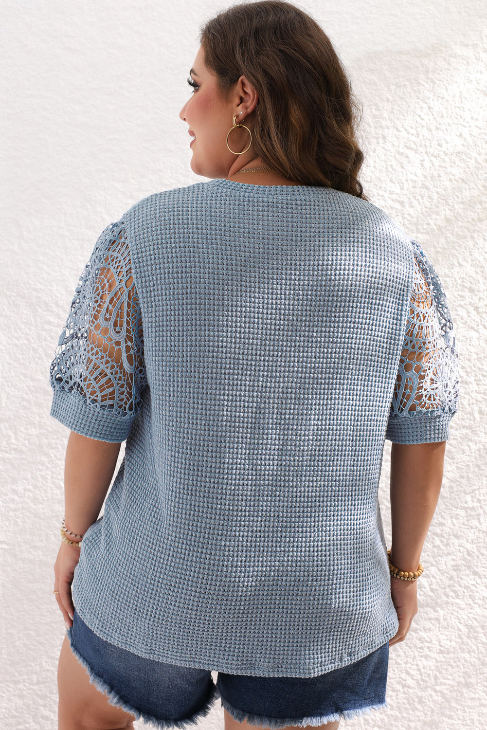 Azure Alexandria | Plus Size Textured Knit Lace Sleeve T-Shirt