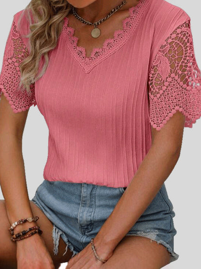 Amman Aura | Lace Detail V-Neck Short Sleeve Blouse