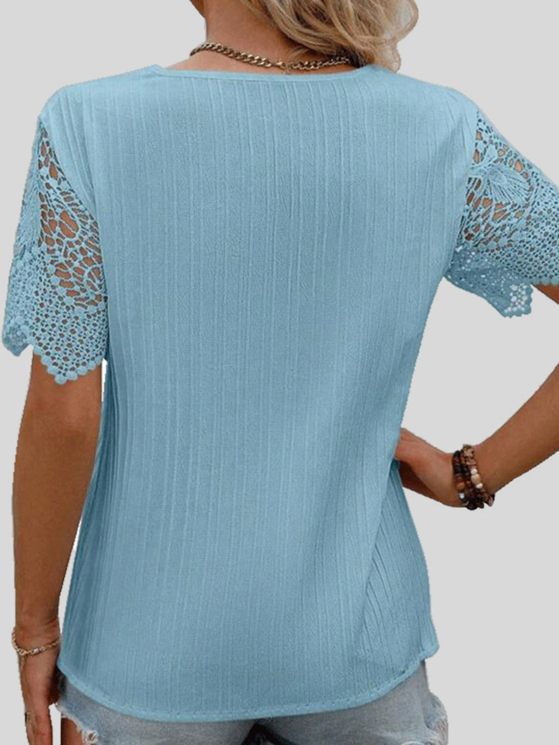 Amman Aura | Lace Detail V-Neck Short Sleeve Blouse