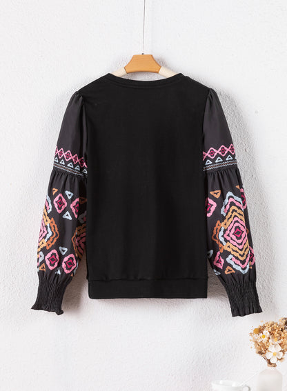 Midnight Oasis Balloon Sleeve Crew Neck Blouse