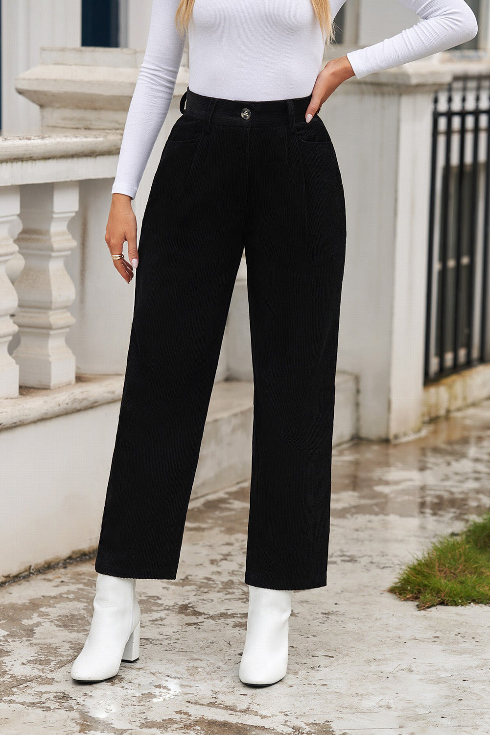 Abdali Aura - Gray Corduroy High Waist Straight Leg Pants