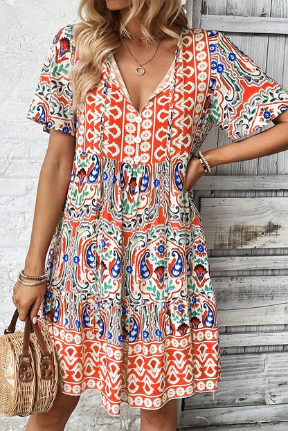 Saffron Breeze: Paisley Accent Tie Neck Ruffle Hem Short Dress