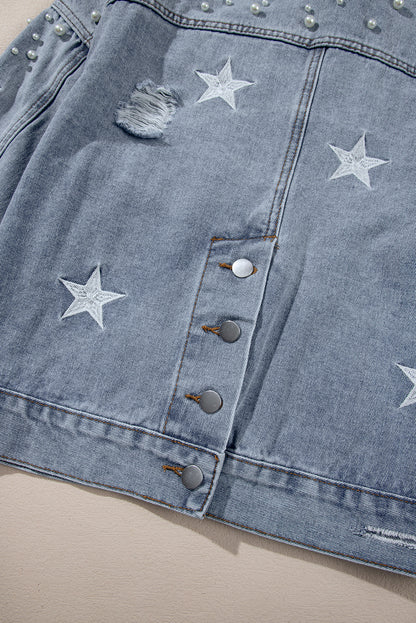 Damascus Sky Distressed Pearls Star Cropped Denim Jacket