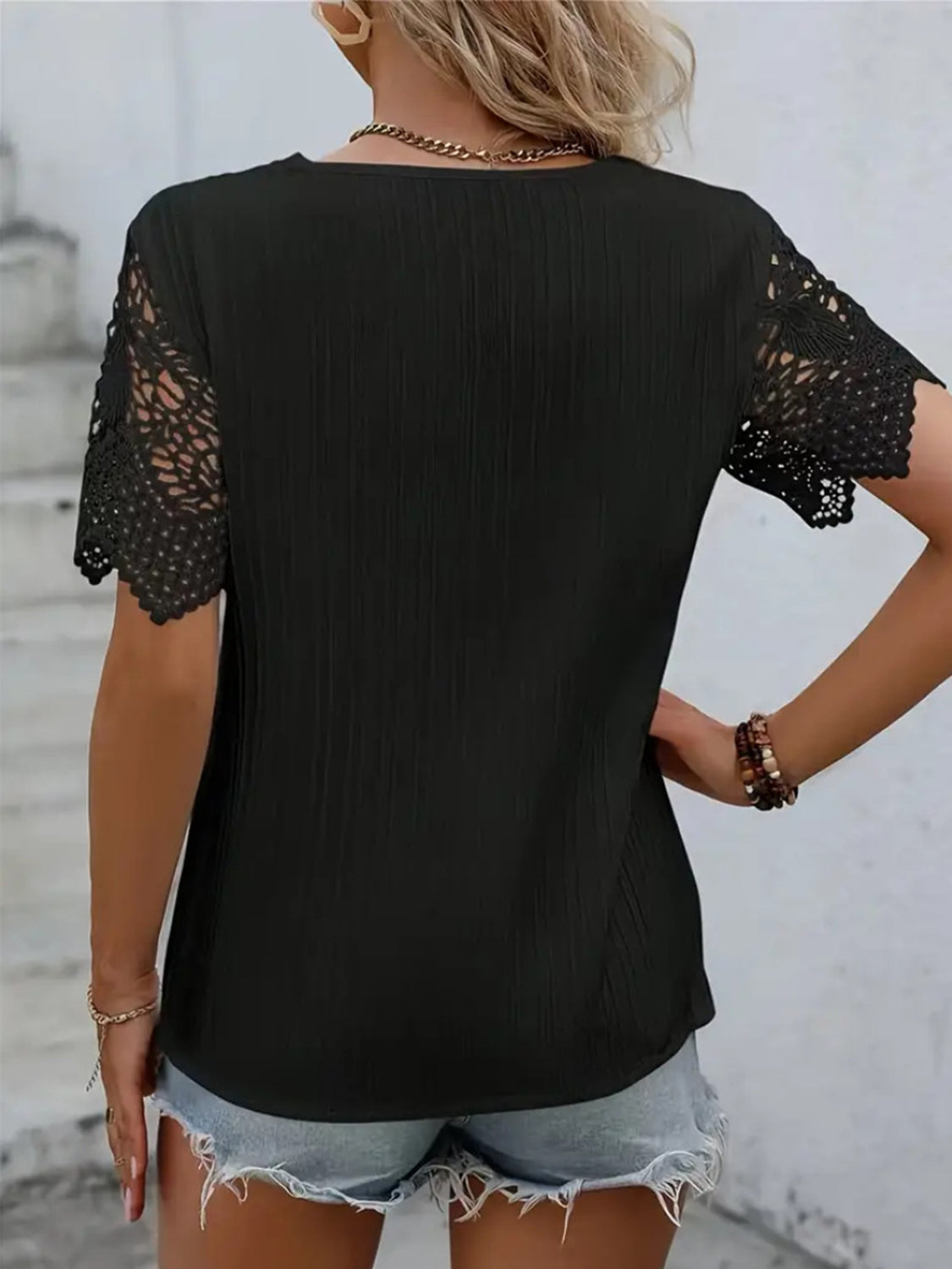 Amman Aura | Lace Detail V-Neck Short Sleeve Blouse