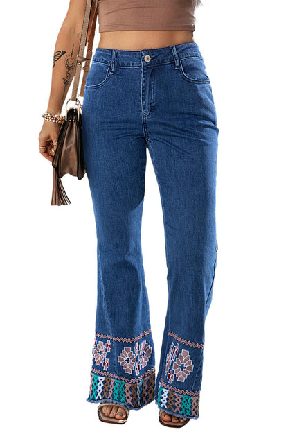 Horan Hues - Blue Geometric Embroidered Raw Hem Flared Jeans