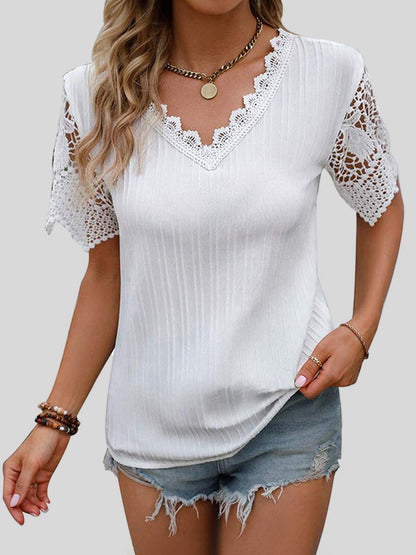 Amman Aura | Lace Detail V-Neck Short Sleeve Blouse