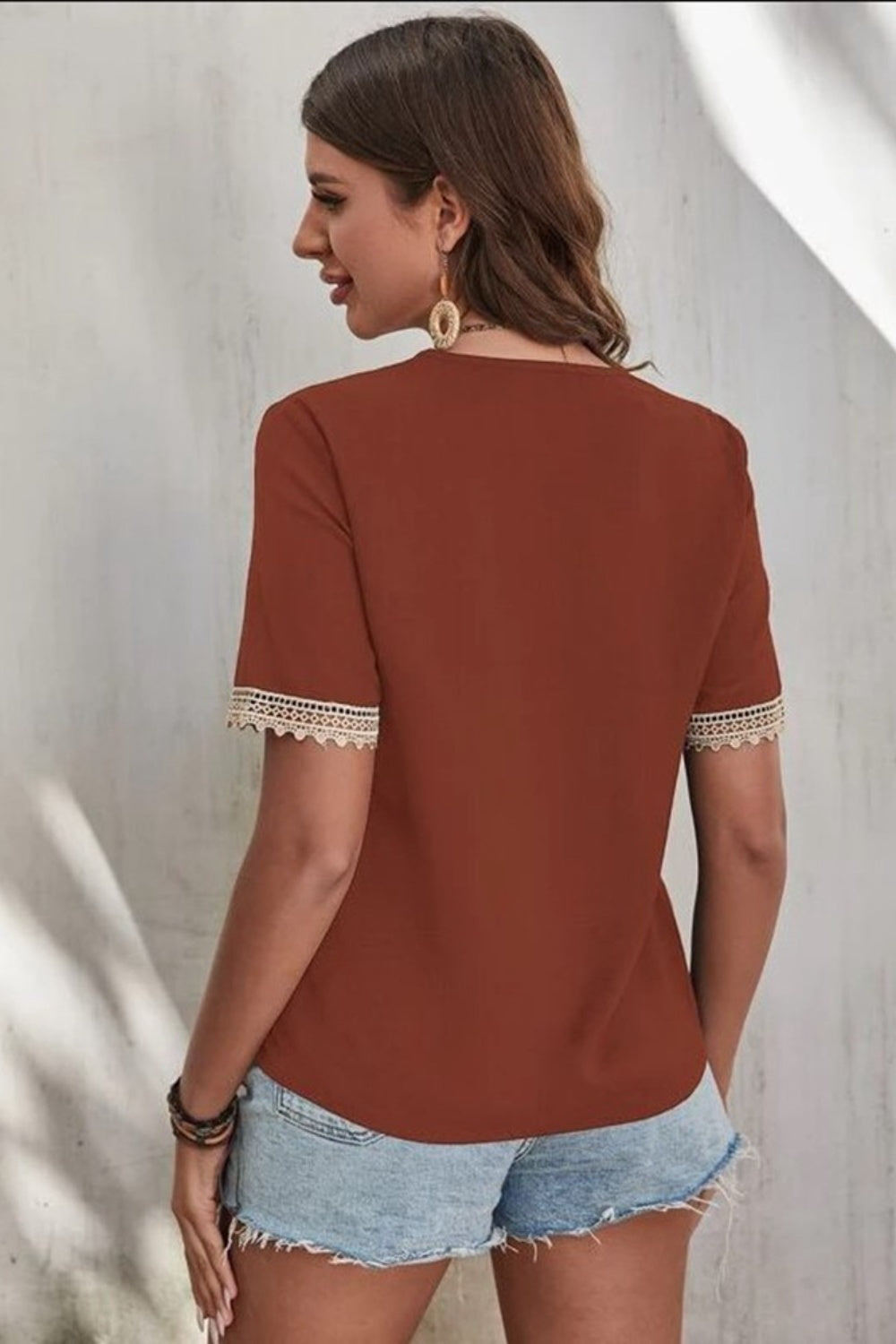 Casablanca Lace Elegance: V-Neck Short Sleeve Blouse