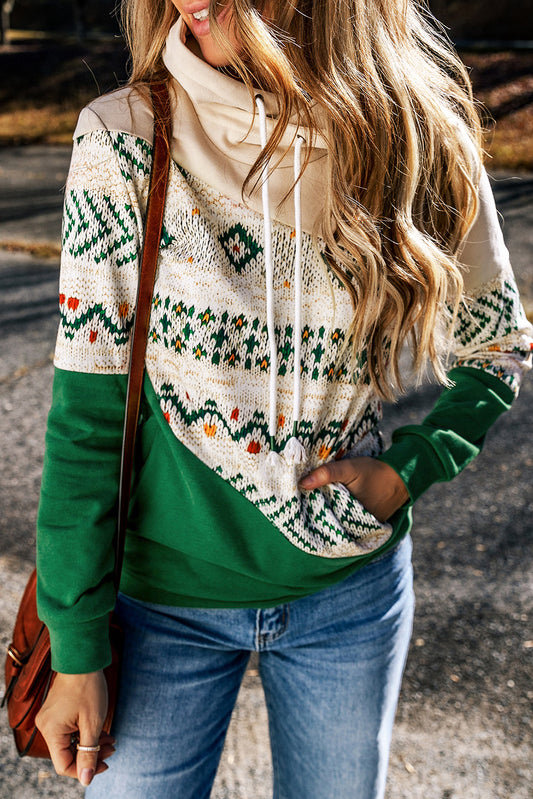 Emerald Oasis Geometric Patchwork Hoodie