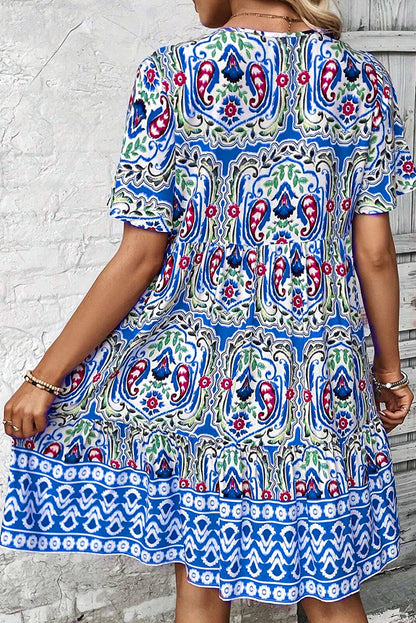 Mosul Mosaic: Sky Blue Bohemian Print Tie Neck Ruffle Hem Dress