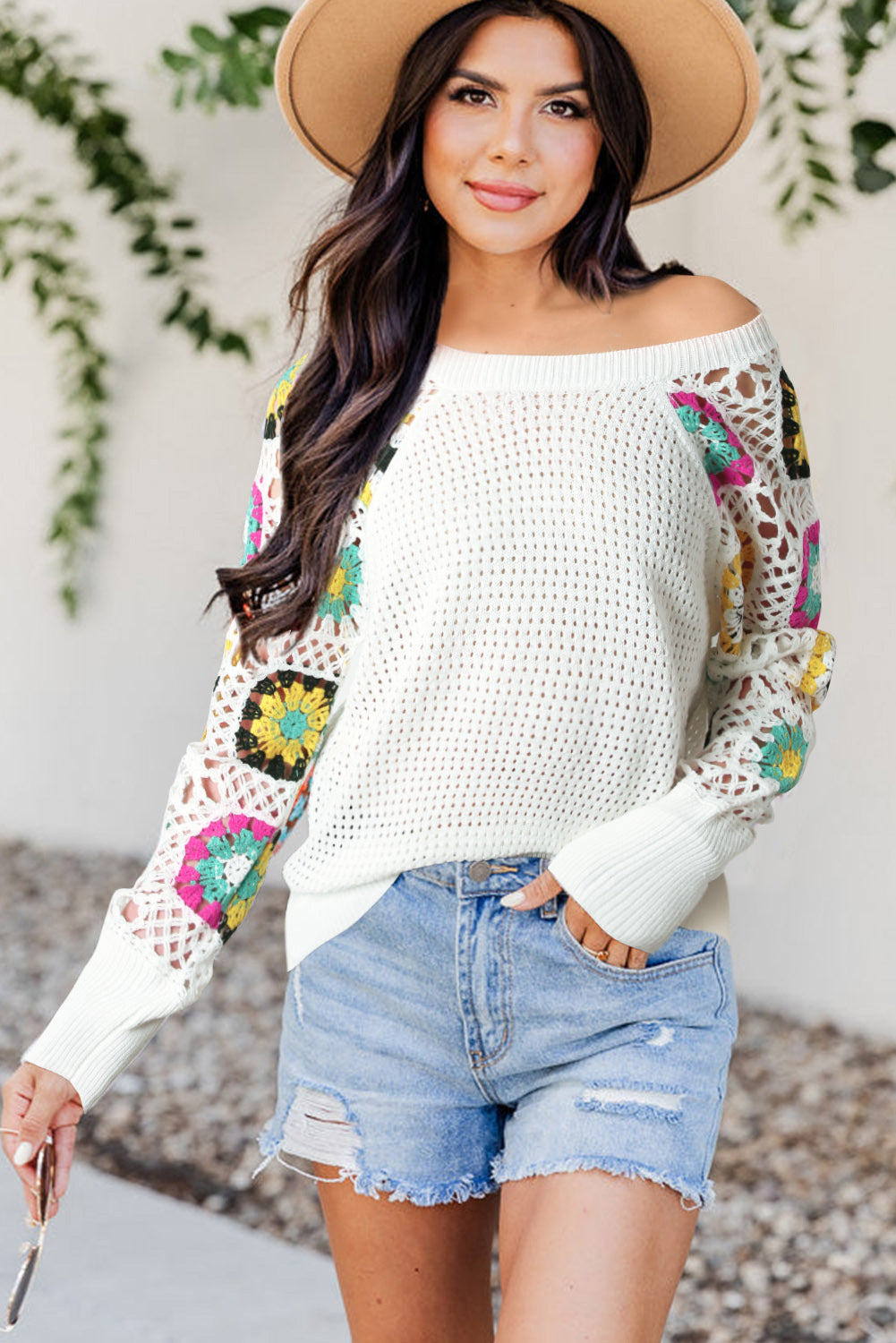 White Pointelle Floral Crochet Sleeve Sweater