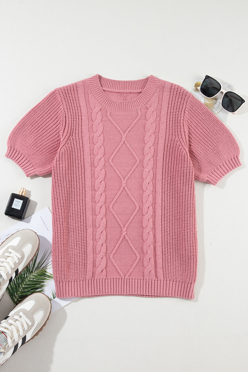 Pink Cable Knit Short Sleeve Sweater - Haifa Breeze