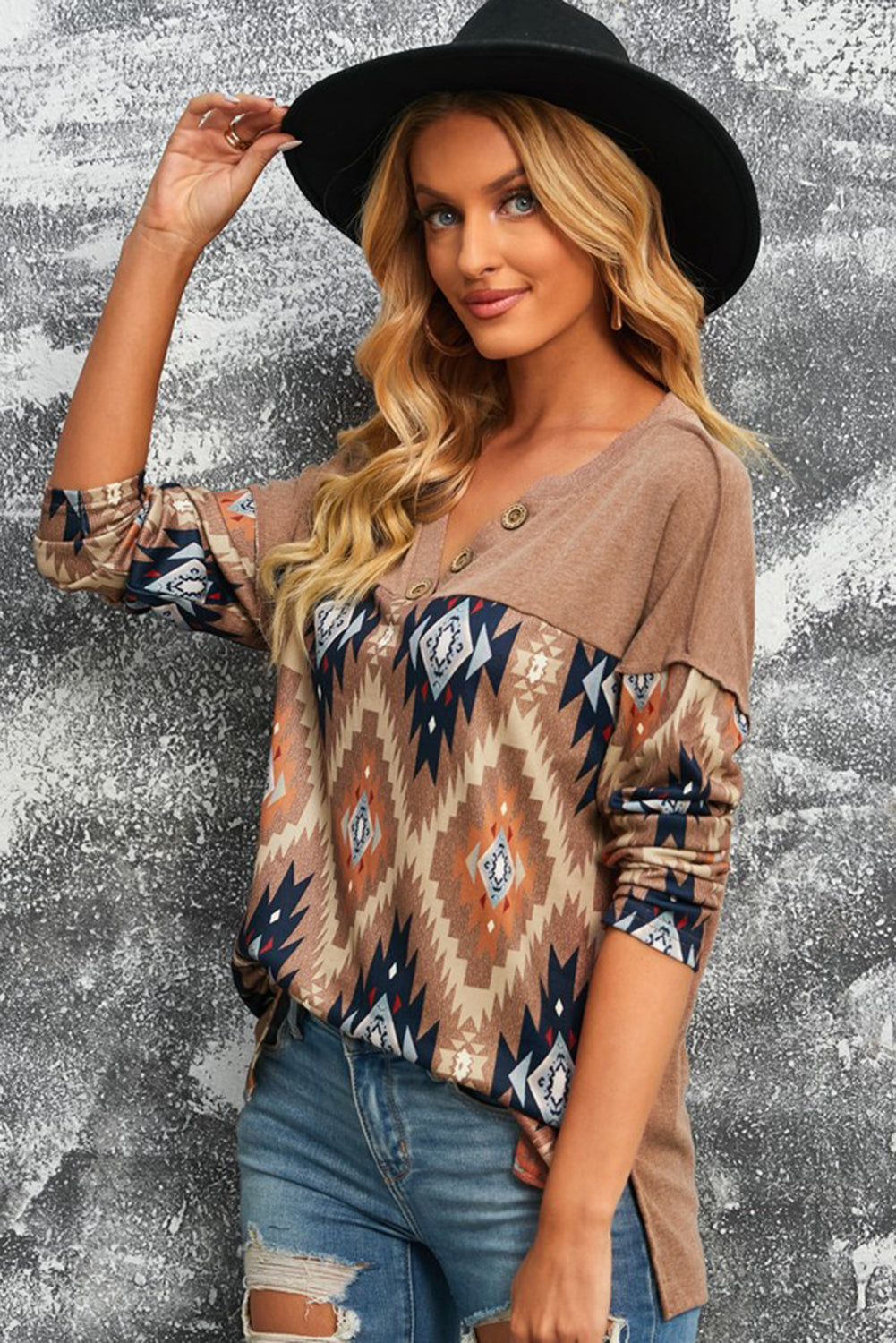 Cinnamon Medina Print Buttoned V Neck Top